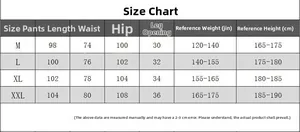 Detailed size chart for men's camouflage slim fit sports pants with measurements