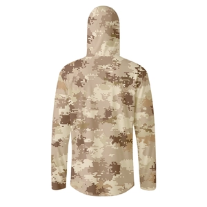 Back view of hooded men's digital desert camo sun protection jacket in breathable fabric