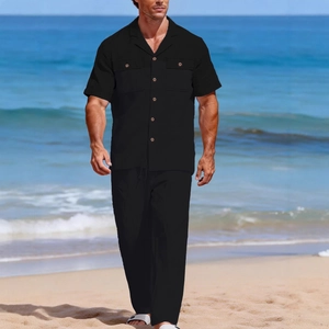 Men's black linen short sleeve shirt and long pants two-piece set for summer beach