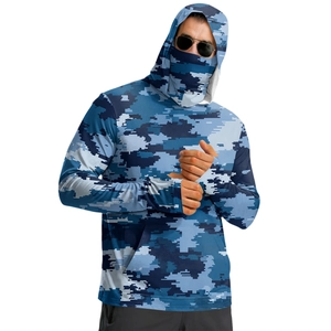 Close-up of blue pixel camo sun protection jacket with built-in face mask and thumb holes