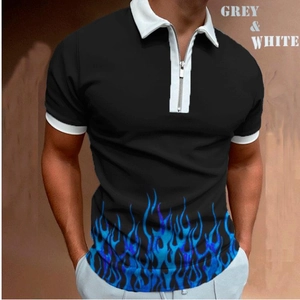 Detail of black polo shirt featuring blue flame print and silver zipper placket
