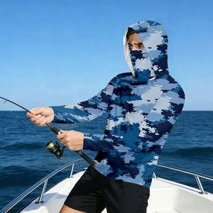 Men's outdoor sun protection fishing hoodie in blue digital camouflage ice silk fabric