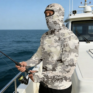 Detail of hooded camo fishing shirt with built-in face mask and thumbhole cuffs for sun care