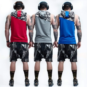 Men's slim fit hooded workout vest with camouflage patchwork back in three colors