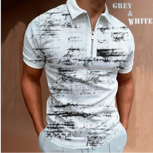 Detail of men's polo with grey and white 3D print and zipper collar on breathable fabric