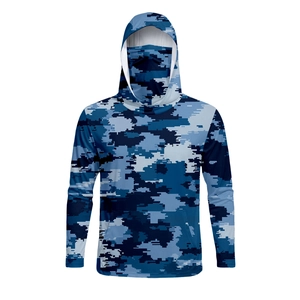 Detail of men's blue camouflage sun protection hoodie with integrated face mask cover