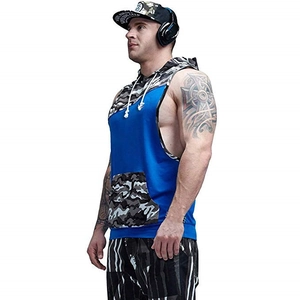 Men's blue and camo hooded gym vest with drawstring hood and muscle cut design