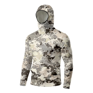 Detail of pixel camouflage sun protection hoodie with integrated face mask and pocket