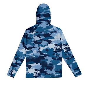 Back view of a men's blue digital camouflage cooling sun protection jacket with a hood