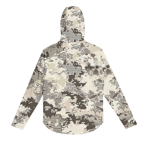 Detail of digital camouflage sun protection hoodie with breathable mesh texture