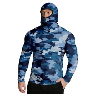 Detail of blue digital camouflage sun protection jacket with integrated face mask