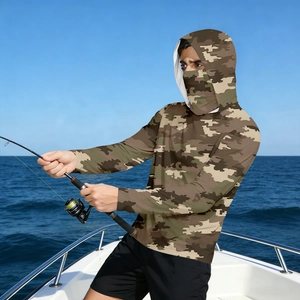 Close-up of camouflage sun protection jacket featuring a built-in mask for outdoor fishing