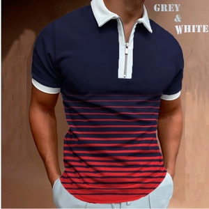 Detail of slim-fit polo shirt featuring zipper collar and red blue striped patchwork