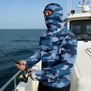 Detail of blue digital camouflage fishing sun shirt with integrated face mask and hood