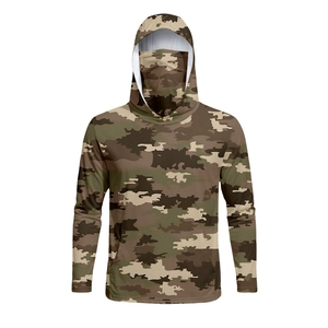 Detail of camouflaged sun protection hoodie featuring an integrated face mask for outdoors