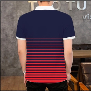 Rear view of men's slim fit polo shirt featuring navy blue and red striped pattern design