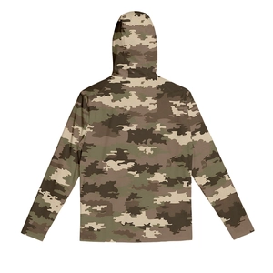 Back view of men's hooded camouflage sun protection shirt for outdoor fishing and activities