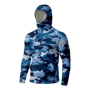 Detail of blue digital camouflage sun shirt featuring an integrated protective face mask