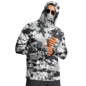 Close-up of men's gray digital camo sun protection jacket with hood and face mask