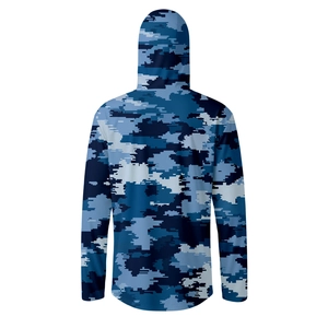 Back view of hooded outdoor sun protection jacket with blue digital camouflage pattern