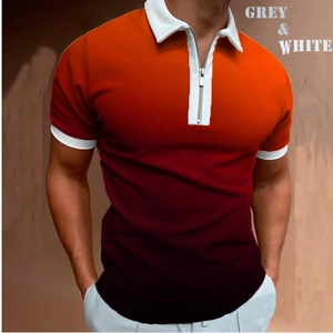 Close-up of men's polo shirt featuring an orange-to-purple gradient and metal zipper detail