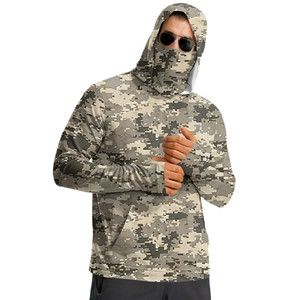 Detail of hooded camo sun protection jacket with integrated face mask for outdoor fishing