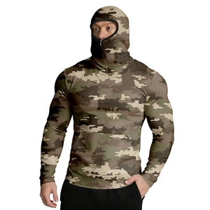 Detail of men's camo sun protection hoodie with integrated face mask and front pocket
