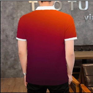 Detailed back view of a slim fit men's polo shirt with orange to purple gradient pattern