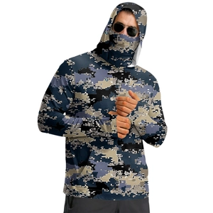 Detail of digital camo sun shirt showing the built-in face mask and hood design