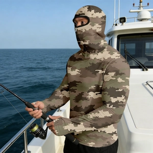 Detail of camouflage sun protection jacket with integrated face mask on boat deck