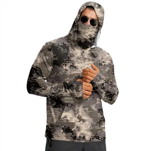 Men's camouflage sun protection hoodie with integrated face mask and thumbhole cuffs