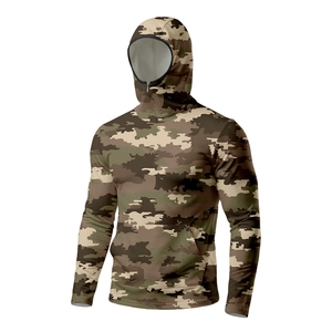 Detail of hooded camouflage sun protection jacket with integrated face mask and front pocket