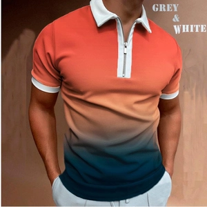 Men's casual slim fit 3D ombre gradient short sleeve polo shirt with zipper neck