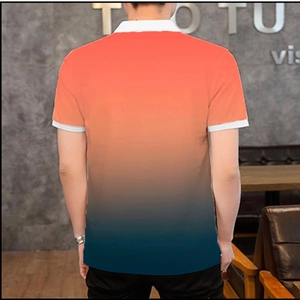 Rear view of men's polo shirt featuring a sunset orange to navy blue gradient design
