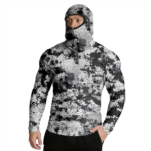 Detail of men's digital camouflage sun protection jacket with integrated face mask hood