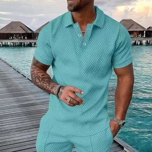 Heren zomer polo set in meerblauw met 3D geometrische textuur voor strandvakantie