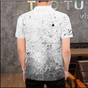 Detail view of white men's polo shirt back featuring a gray distressed scratch print design