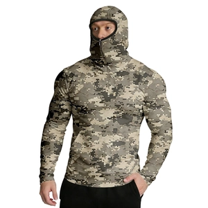 Close-up of integrated face mask and digital camo pattern on the outdoor sun shirt