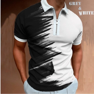 Men's slim fit 3D polo shirt with black and white gradient print and front zipper neck