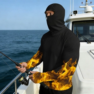 Detail of outdoor sun protection hoodie with integrated face mask and orange flame pattern