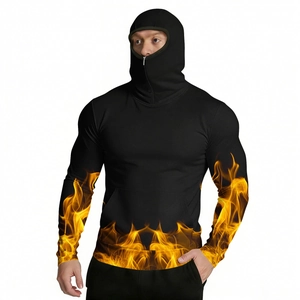 Detail of hood with integrated face mask and realistic flame print on the sleeves