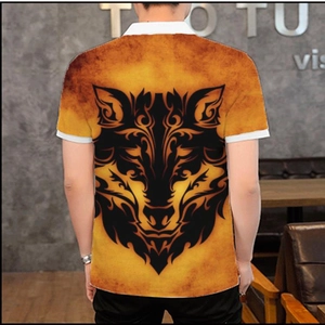 Detailed view of 3D wolf totem print on the back of men's vintage orange polo shirt