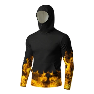 Detail view of men's hooded sun protection jacket with vibrant orange flame prints