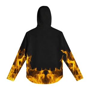 Detail of hood and back view of black sun protection jacket with orange flame patterns