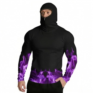 Detail view of hood with mask and purple flame pattern on black sun protection jacket