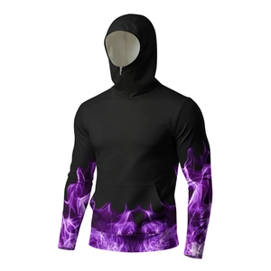 Detail of hood with zipper and purple flame print on black sun protection shirt