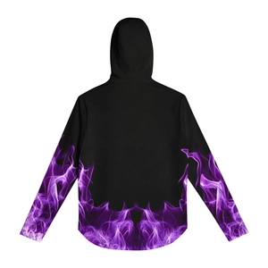 Detail view of the purple flame patterns on the back of this black outdoor sun protection hoodie