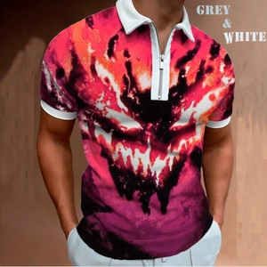 Close-up of the red and black abstract flame print on the men's zipper polo shirt fabric
