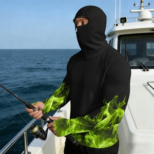 Detail of a men's sun protection hoodie with green flame sleeves and built-in face mask