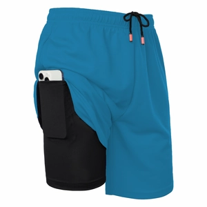 Pantalones cortos running 2 en 1 hombre azul cielo con mallas y bolsillo móvil